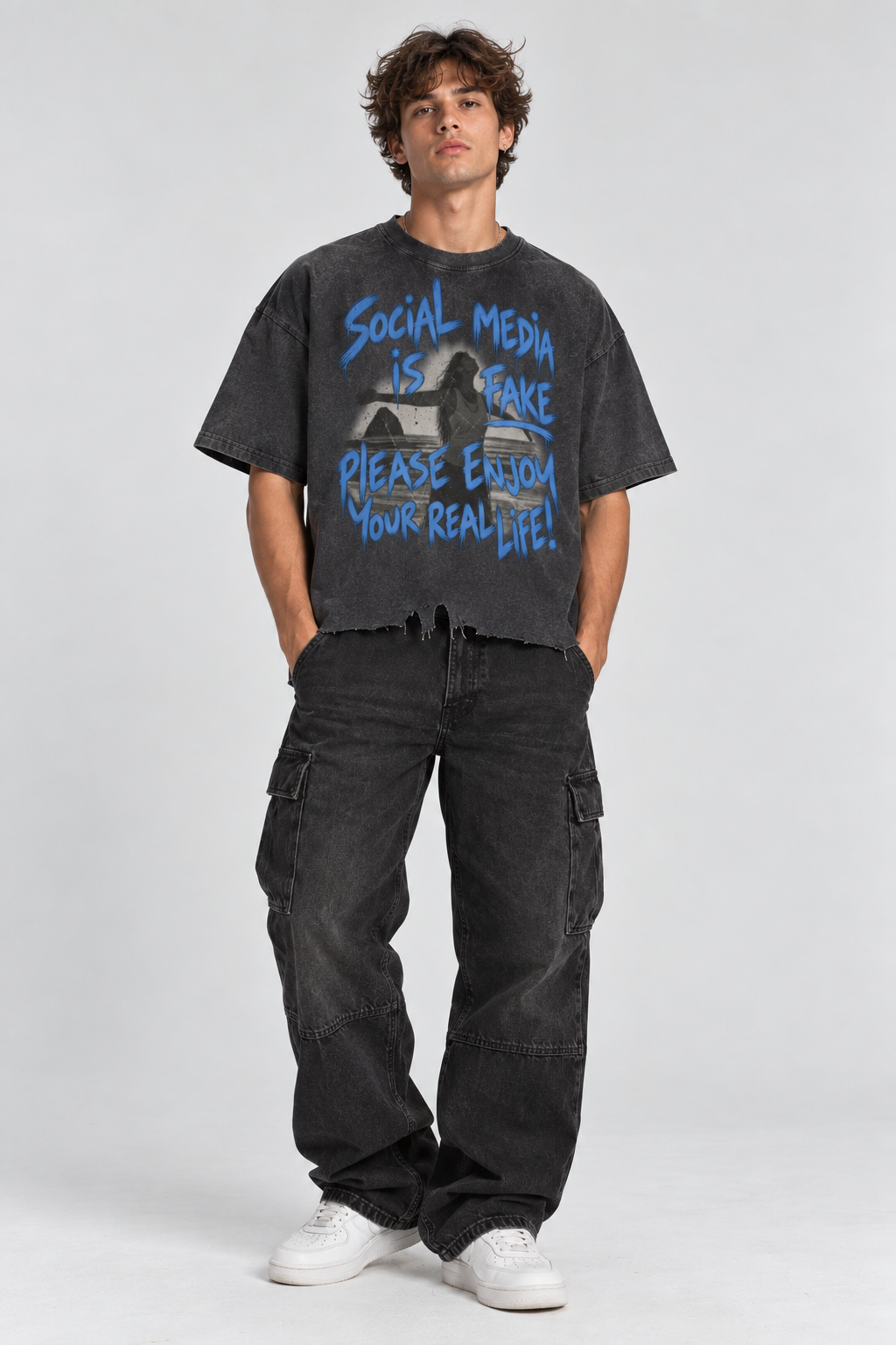 Social Media Is Fake Oversized Distressed T-Shirt